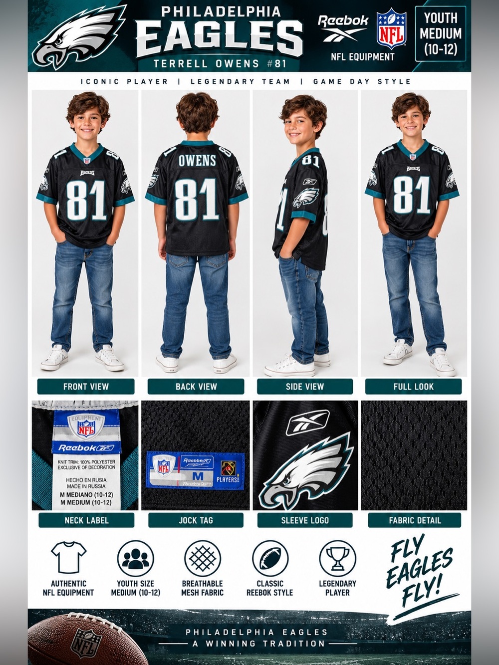 Philadelphia Eagles Terrell Owens #81 Reebok NFL Jersey Youth M 10-12 Black